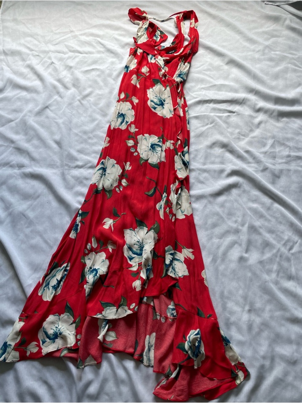 Miss Me Red Floral Print Dress with White and Blue Accents